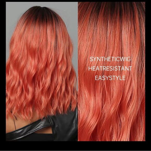 Stunning 18 inch bob water wave, medium length brown granite, dark red ombre wig - Picture 3 of 7